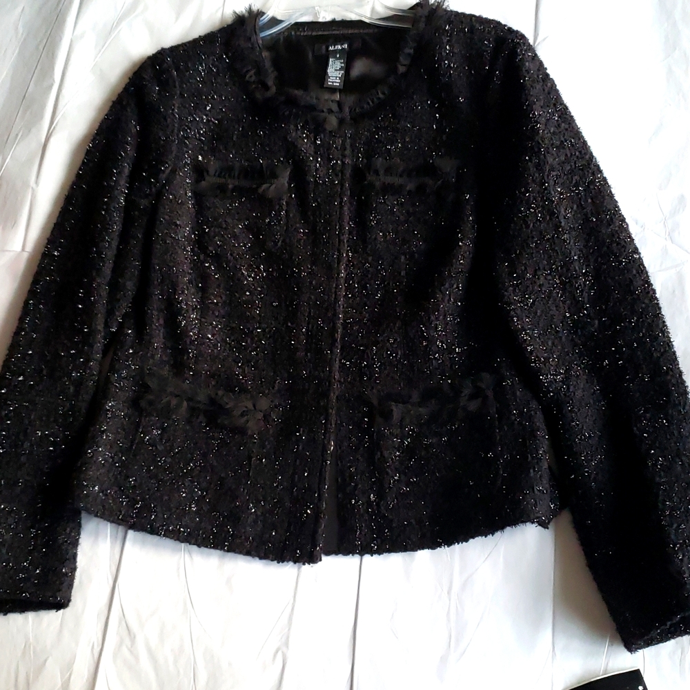ALFANI New Jacket Blazer Topper Textured Tweed Wool Ribbon Trim Lurex BLACK NWT - Picture 4 of 17